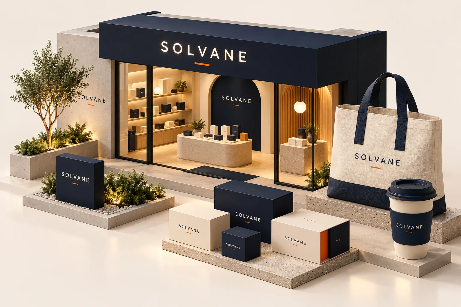 Conceptual Solvane storefront, product packaging, tote bag and cup sharing a consistent brand identity