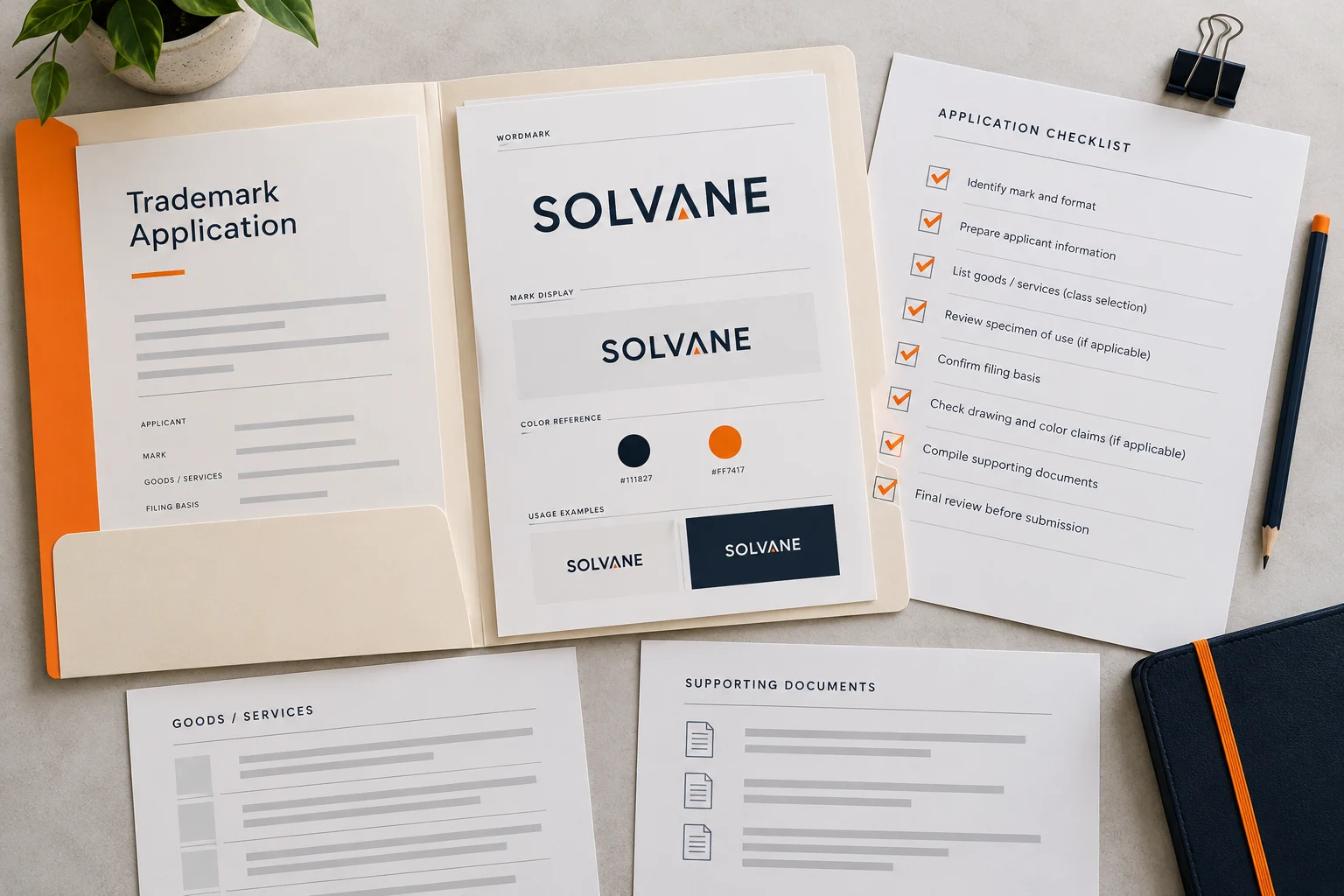 Overhead view of fictional Solvane identity sheets, an application folder, supporting documents and a review checklist