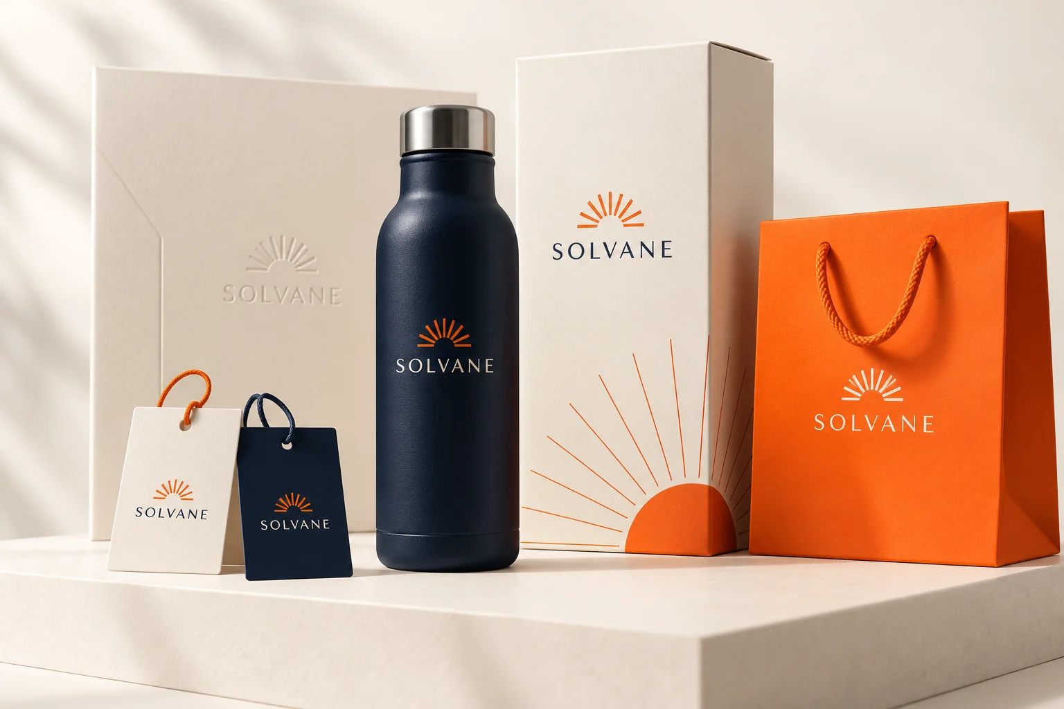 Fictional Solvane brand identity on a navy bottle, cream product carton, retail bag and hangtags